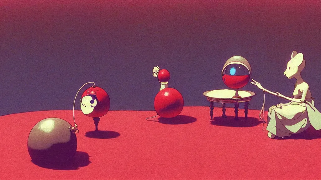 Image similar to an automata fortune teller wearing a mask telling a fortune to a mouse in a red velvet lounge with a crystal ball, anime film still from Studio Ghibli movie with art direction by Zdzisław Beksiński, wide lens