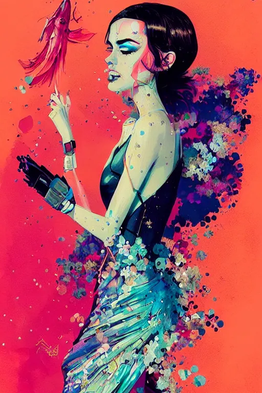 Prompt: an ultra detailed beautiful painting of a stylish woman with colorful haute couture dress, concert poster, futuristic, conrad roset, greg rutkowski