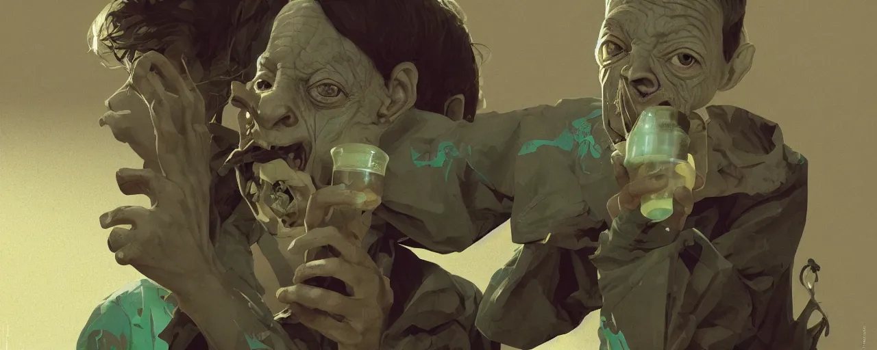 Image similar to duotone olive illustration 3 / 4 portrait of gollum drinking yerba mate from metal cup symmetrical composition accidental renaissance golden ratio. by sachin teng and sergey kolesov and ruan jia and heng z. graffiti art, scifi, fantasy, hyper detailed. octane render. concept art. trending on artstation