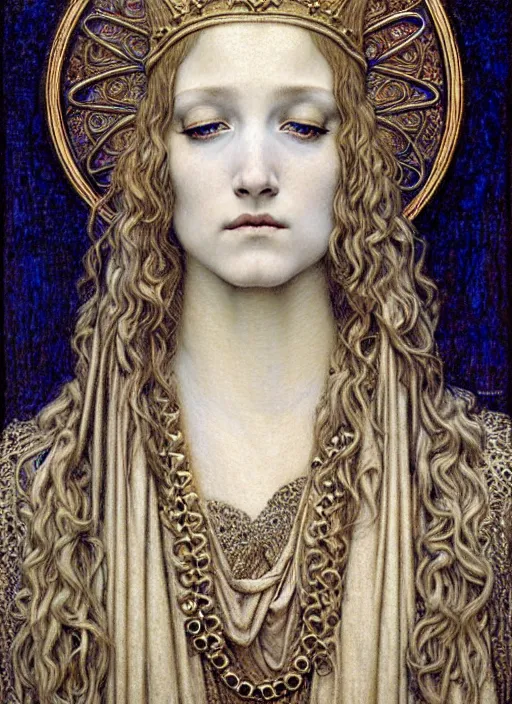 Image similar to detailed realistic beautiful young medieval queen face portrait by jean delville, gustave dore and marco mazzoni, art nouveau, symbolist, visionary, gothic, pre - raphaelite. horizontal symmetry