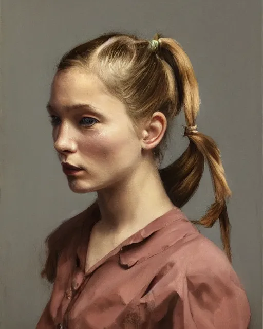 Prompt: portrait of a russian girl, medium closeup, pigtails, cinematic light, dark background, sideview, looking down, wrinkled cotton shirt, by serge marshennikov, richard schmid