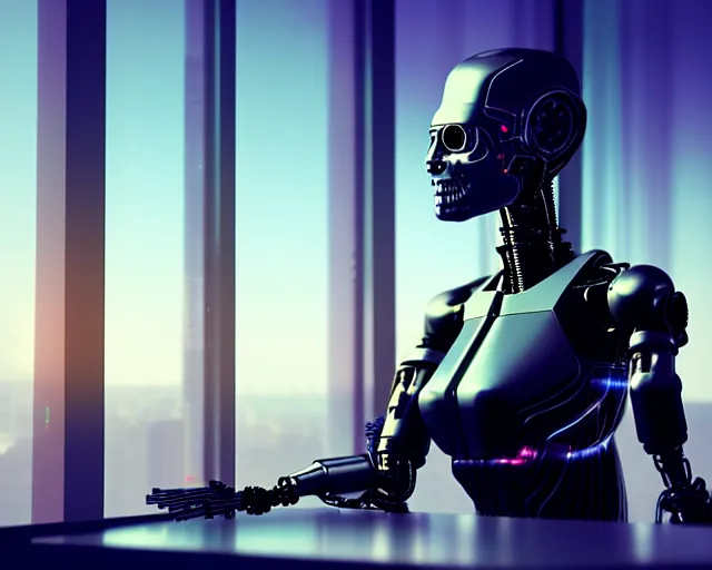 Image similar to terminator mechanical lady with borg enhancements and optical fibers is drinking coffee near a window with dystopian city visible outside. very detailed 8 k. cyberpunk fantasy style. unreal engine render. global illumination. nanite. rtx. path tracing.