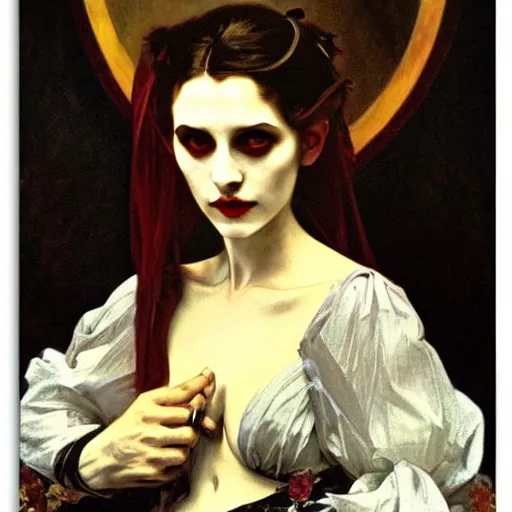 Image similar to A beautiful painting of a lady vampire, victorian, dracula, ominous, oil on canvas, photorealism, alphonse mucha, caravaggio, irwin penn, high definition, soft light