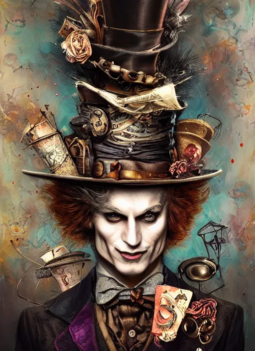 Image similar to mad hatter, steampunk style, highly detailed, cinematic, 8 k, by megan duncanson, benjamin lacombe, adrian borda, stanley artgermm, tom bagshaw, craig mullins, carne griffiths, ayami kojima, beksinski, giger, trending on deviantart, hyper detailed, horror, full of colour