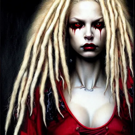 Image similar to portrait of flawless beautiful psychopathic female with blonde and red dreadlocks, dark, piercing eyes, exotic expression, esoteric clothing, photorealistic, highly detailed, mysterious lighting, artstation, smooth, sharp focus, art by michael whelan, artgerm, greg rutkowski and luis royo