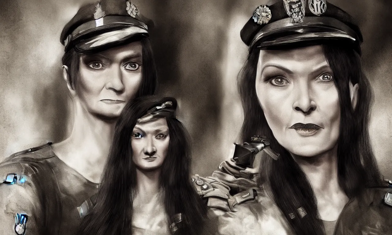 Prompt: old photograph of Morticia Addam wearing a military uniform, portrait, photorealistic, hyperrealism, highly detailed, octane render, style by John Salt,