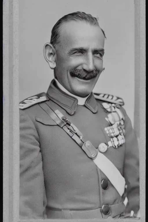 Image similar to official Portrait of a smiling WWI admiral, male, cheerful, happy, detailed face, 20th century, highly detailed, cinematic lighting, photograph, black and white