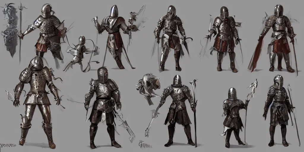 Image similar to different views medieval knights, intricate!! concept art by senior character artist, trending on artstation, full body character design