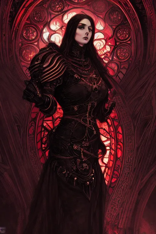 Image similar to beautiful luxury and gothic and victorian and evil medieval female reddish and black color armor knight portrait+smoky eyes+light flowing hair, in ruin gothic cathedral, ultradetail face, art and illustration by tian zi and craig mullins and WLOP and alphonse mucha, fantasy, intricate complexity, human structure, fantasy world concept, watermark, blurry, hyperrealism 8k