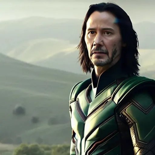 Image similar to film still of Keanu Reeves as Loki in Avengers Endgame