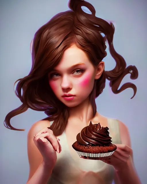 Prompt: chocolate cupcake girl, fantasy bakery, digital art by krenz kushart, wlop, laurie greasly, intricate details, global illumination, smooth, artstation, epic composition