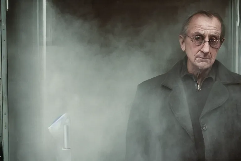 Prompt: an ultra realistic colour cinematic headshot portrait of an evil scientist, stood outside a corner shop, foggy, colour, detailed, deep focus, movie still, dramatic lighting, by fay godwin