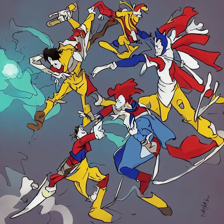 Image similar to “two animated jesters, lance fighting, with superpowers”