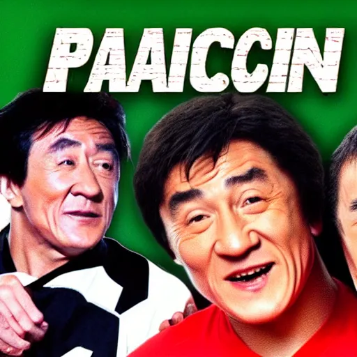 Image similar to Jackie Chan and Shaq cannabis mukbang iron chef 1996 DVD rip
