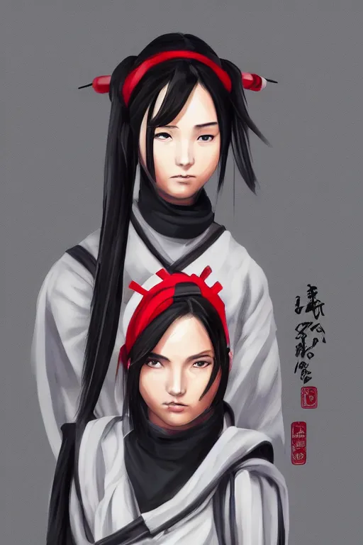 Image similar to native japanese young woman dressed like shinobi ninja, focused stare, partially masked, digital painting, trending on artstation, character design, overcast weather