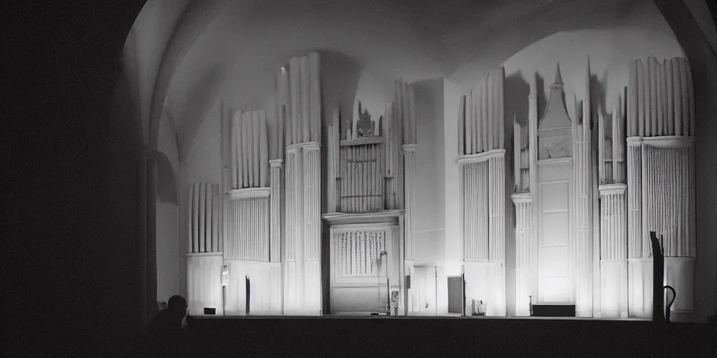 Image similar to silhouetted pipe organ, volumetric lighting, Portra 160, night time, ominous