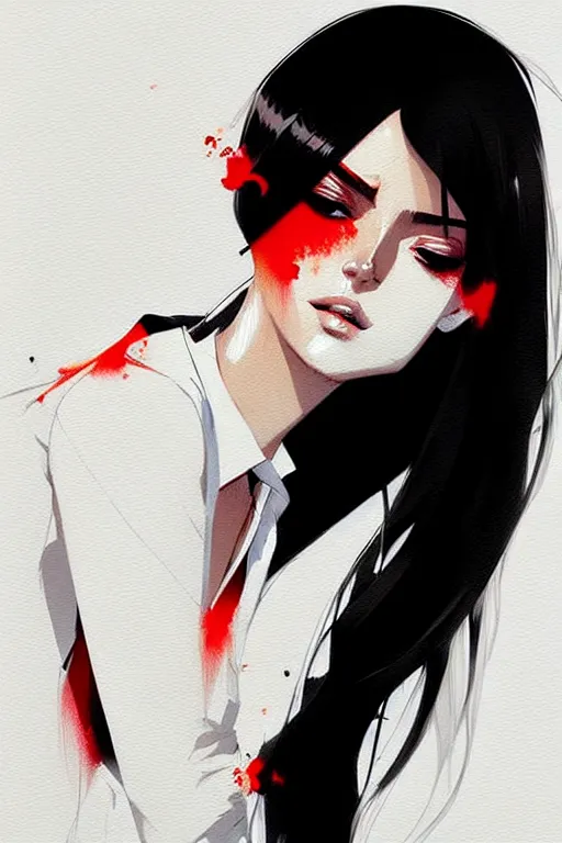 Image similar to a ultradetailed beautiful panting of a stylish woman, she is wearing a white shirt with a tie and black pants, by conrad roset, greg rutkowski and makoto shinkai trending on artstation