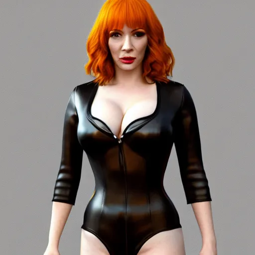 Prompt: 3 d render of christina hendricks in black leather bodysuit, smooth, intricate, octane, reflects, ultra detailed, sharp focus, symmetry