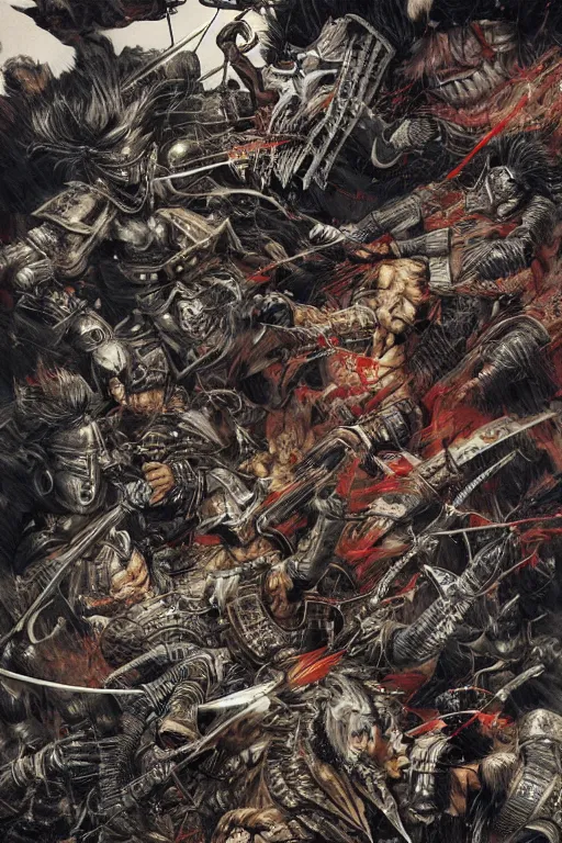 Image similar to hyper detailed illustration of a samurai battle by Kev Walker, simon bisley and paolo parente