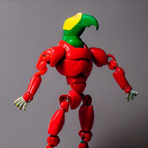 Prompt: 1980s plastic vinyl action figure toy of a humanoid parrot man with muscular arms, studio photography isolated on a white background