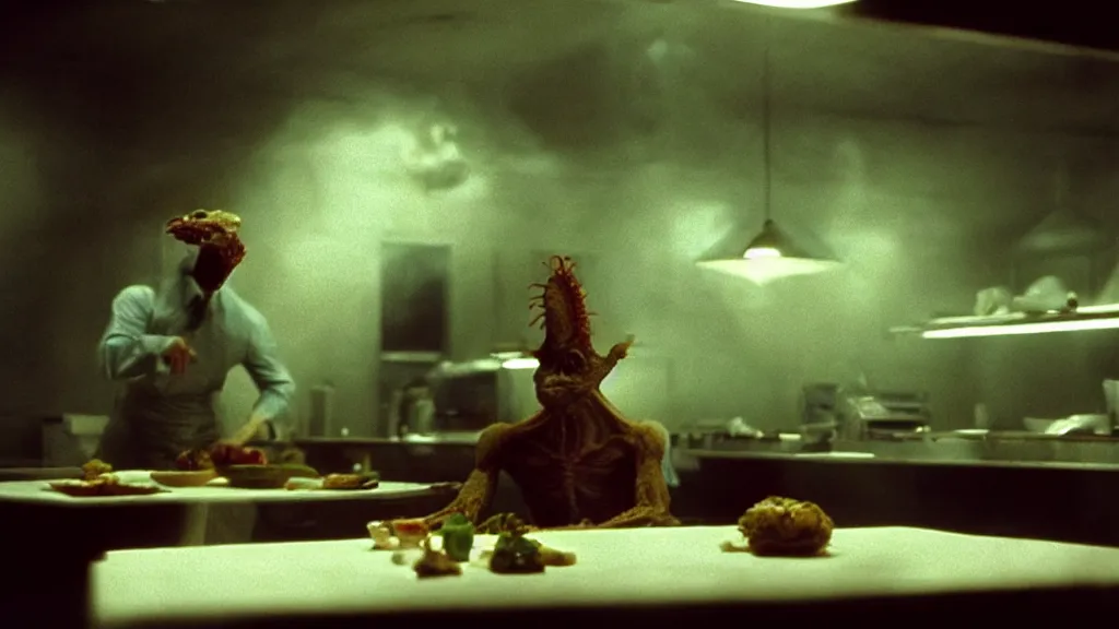 Image similar to the strange creature in the restaurant kitchen, film still from the movie directed by denis villeneuve and david cronenberg with art direction by salvador dali and zdzisław beksinski,