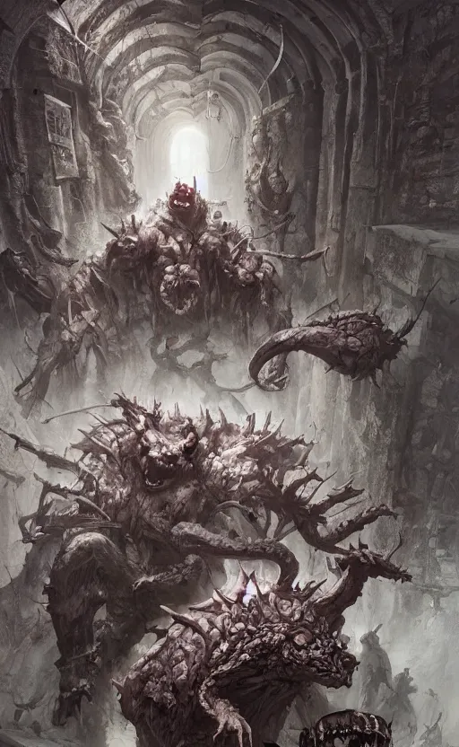 Prompt: catacombs full of rodent creatures, front game card, drark, marvel comics, dark, intricate, highly detailed, smooth, artstation, digital illustration by ruan jia and mandy jurgens and artgerm and wayne barlowe and greg rutkowski and zdislav beksinski