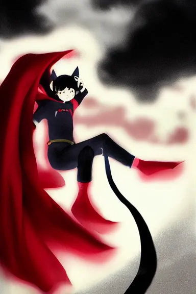Prompt: little boy with cat ears in an black outfit with red cape. digital artwork made by lois van baarle and kentaro miura and marc simonetti, sharpness focus, inspired by hirohiko araki and noir film, anatomically correct, heroic composition, hero pose, smooth