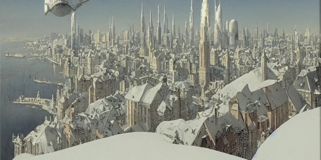 Image similar to a sprawling white fantastical city on the edge of a black hole, painted by francois schuiten and moebius and vilhelm hammershøi