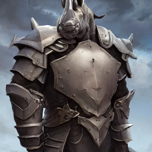 Prompt: A cute anthropomorphic rhino stands tall wearing magic infused plate armor, cute and adorable, pretty, beautiful, DnD character art portrait, matte fantasy painting, DeviantArt Artstation, Character design, intricate artwork by Tooth Wu and greg rutkowski and artgerm, cinematic, hyper realism, high detail, octane render, unreal engine, 8k, Vibrant colors, Smooth gradients, High contrast, depth of field, aperture f2.8