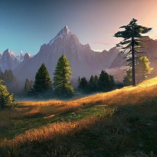 Prompt: magical landscape with a meadow in the foreground, a forest in the background and a mountain on the horizon, realistic, detailed, cinematic light, art by unreal engine 5 art-w1280