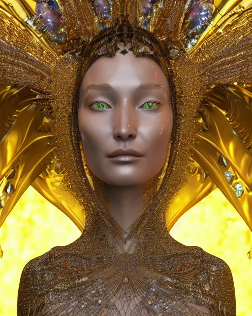 Image similar to a highly detailed metahuman 4 k close up render of an alien goddess bella hadid monument in iris van herpen dress schiaparelli in diamonds crystals swarovski and jewelry iridescent in style of alphonse mucha gustav klimt trending on artstation made in unreal engine 4