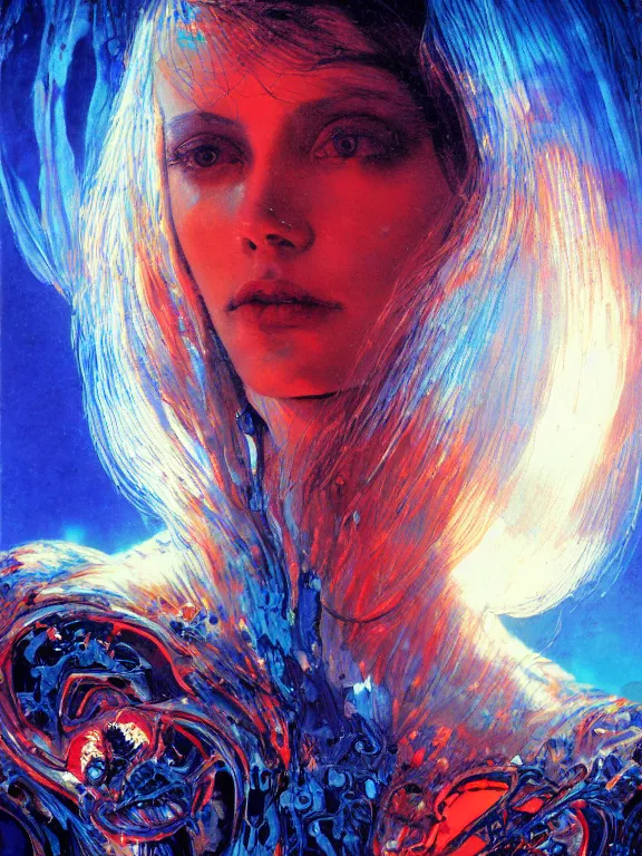 Prompt: closeup portrait of a transparent beautiful girl, shattered glass, glowing iris, cinematic light, backlight glow, red sky blue, mist, by mikhail vrubel, by philippe druillet, by peter elson, by gerald brom, muted colors, ( ( extreme detail ) ), trending on artstation, 8 k