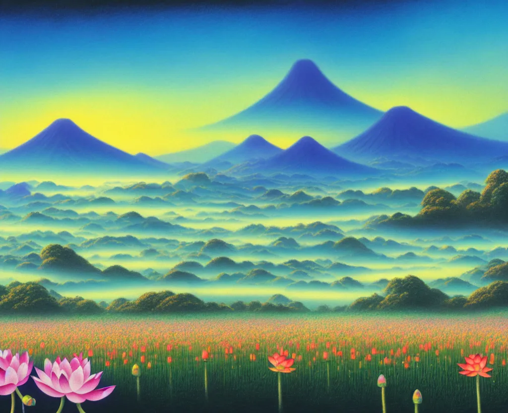 Image similar to a landscape pastel in the style of noriyoshi ohrai and of a field of lotus flowers, glowing with iridescent mana. some misty mountains in the background. key art. 4 k retrofuturistic fantasy