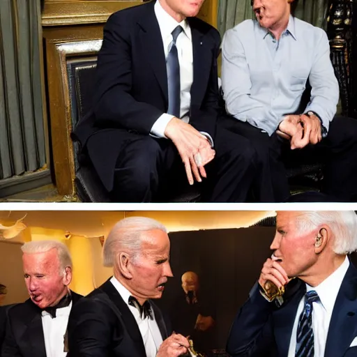 Prompt: stoned tom cruise and stoned joe biden smoking a bong together, award winning candid photography