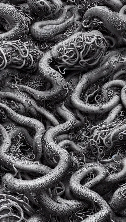 Prompt: masses of tentacles rising from the sea, very beautiful horror, highly detailed, metallic textures, hyper realism, organic, biomechanical, cinema4d render, volumetric soft lighting, 8k