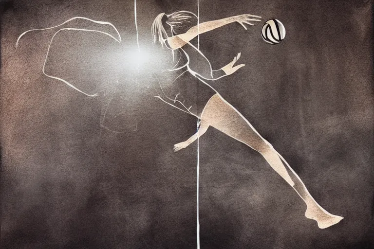 Image similar to beautiful serene volleyball player, healing through motion, life, minimalistic golden and ink airbrush painting on white background