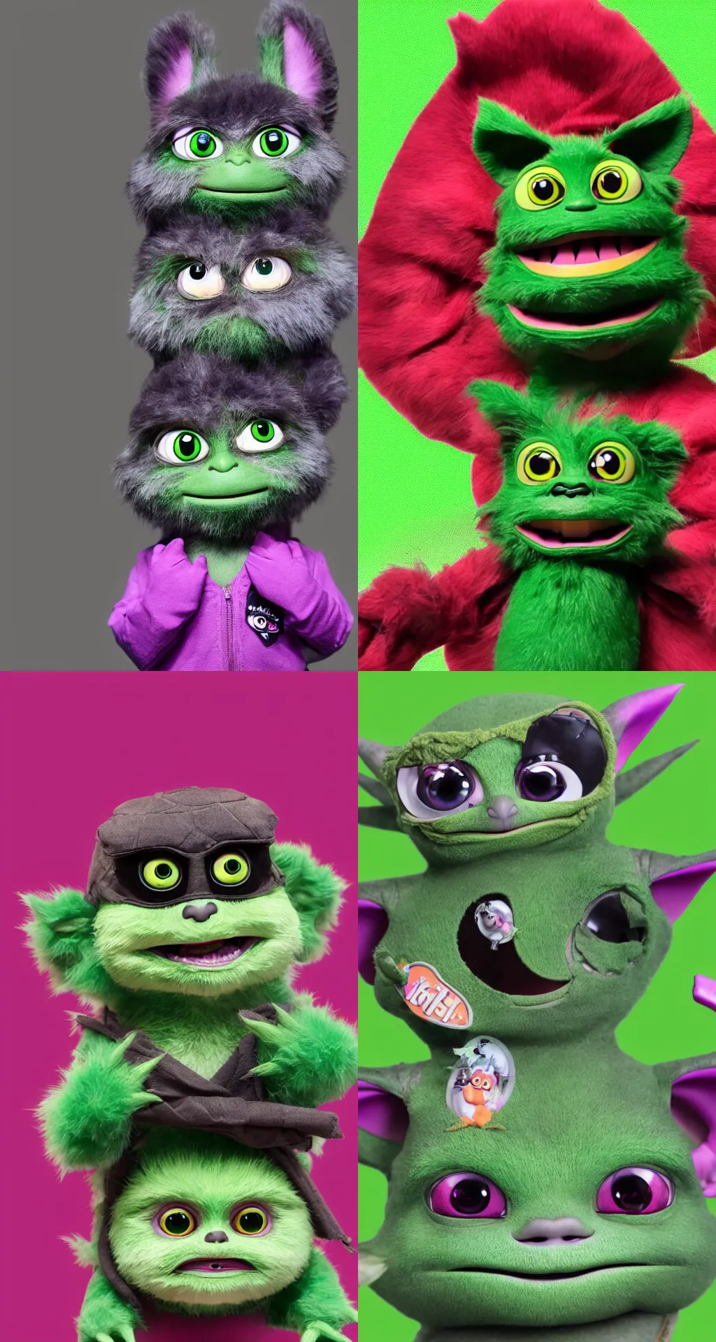 Prompt: Hyperreal kawaii Gremlin Furby Ninja Turtle mascot poses in front of green screen backdrop, lifelike facial features, uncanny valley, 8k