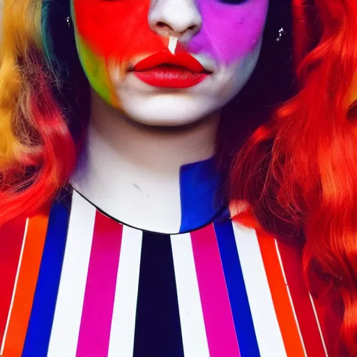 Image similar to lorde as harley quinn, dressed up in piet mondrian inspired bodysuit, official portrait, photo realistic, 4 k