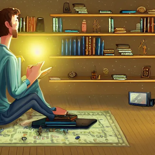 Prompt: a skinny computer nerd guy sitting on the floor of his room, crossed legs, laptop, smartphone, video games, tv, books, potions, jars, shelves, knick knacks, tranquil, calm, sparkles in the air, magic aesthetic, fantasy aesthetic, faded effect, illustration, digital illustration, detailed, highly detailed, 4K