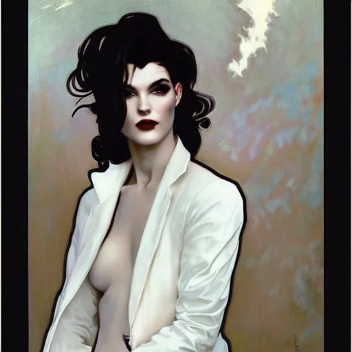 Image similar to beautiful portrait of androgynous ruby rose as desire from sandman in a white tuxedo!!!, rockabilly style, by alphonse mucha, cedric peyravernay, by jeremy mann, by frank moth, white suit and black tie, soft lightning, high detailed, 8 k