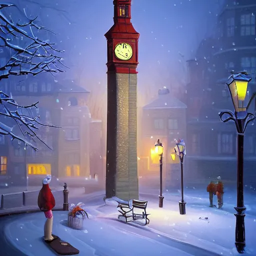 Image similar to clock tower ,inspired by Evgeny Lushpin,winter,night time,cinematic,art station