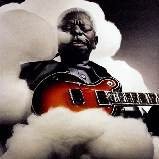 Prompt: b. b king, sitting in a fluffy cloud, playing an electric semi - hollow guitar. beautiful realistic sculpture, dramatic, moody