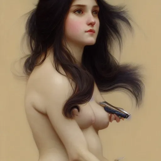 Image similar to portrait of a skunk girl, furry body, full body, intricate, elegant, highly detailed, digital painting, artstation, concept art, smooth, sharp focus, illustration, art by artgerm and greg rutkowski and alphonse mucha and william - adolphe bouguereau