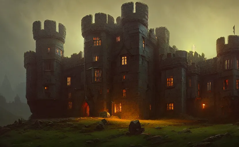 Prompt: an old english castle with moody and cinematic lighting by greg ruthkowski and simon stalenhag jama jurabaev and illya repin, cinematic and atmospheric, concept art, artstation, trending on artstation