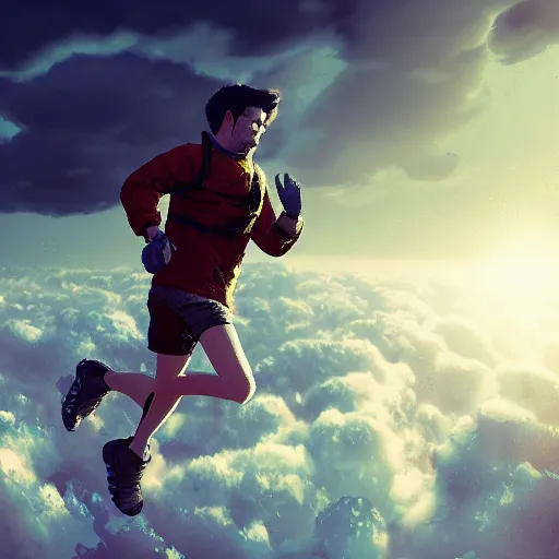 Image similar to running and falling on clouds, 4k, post-processing, detailed, artstation, burning