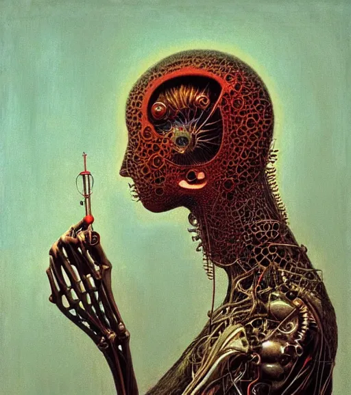 Image similar to portrait of woman connected to biomechanical machine by zdislaw beksinski, beautiful, masterpiece, award - winning, complex