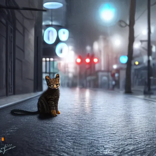 Prompt: kitten sits in the empty street on a rainy day, led lights around the place, digital painting, ultra detailed, unreal engine 5,