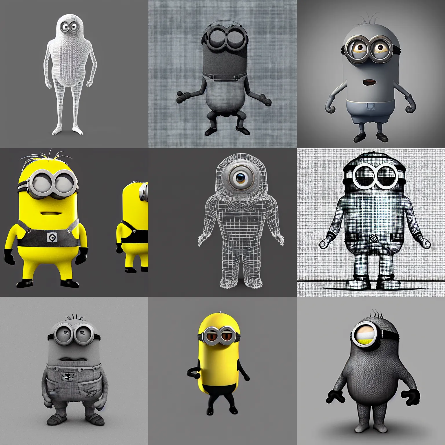 Prompt: wireframe view of a minion, blender