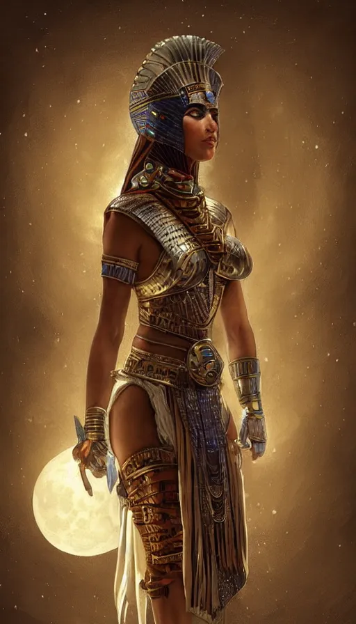 Prompt: female egyptian warrior in a winter night, shaman clothing, ritual, moon beams, fame of thrones, fibonacci, sweat drops, insane, intricate, highly detailed, surrealistic, digital painting, artstation, concept art, smooth, sharp focus, illustration, unreal engine 5, 8 k, art by artgerm and greg rutkowski and alphonse mucha