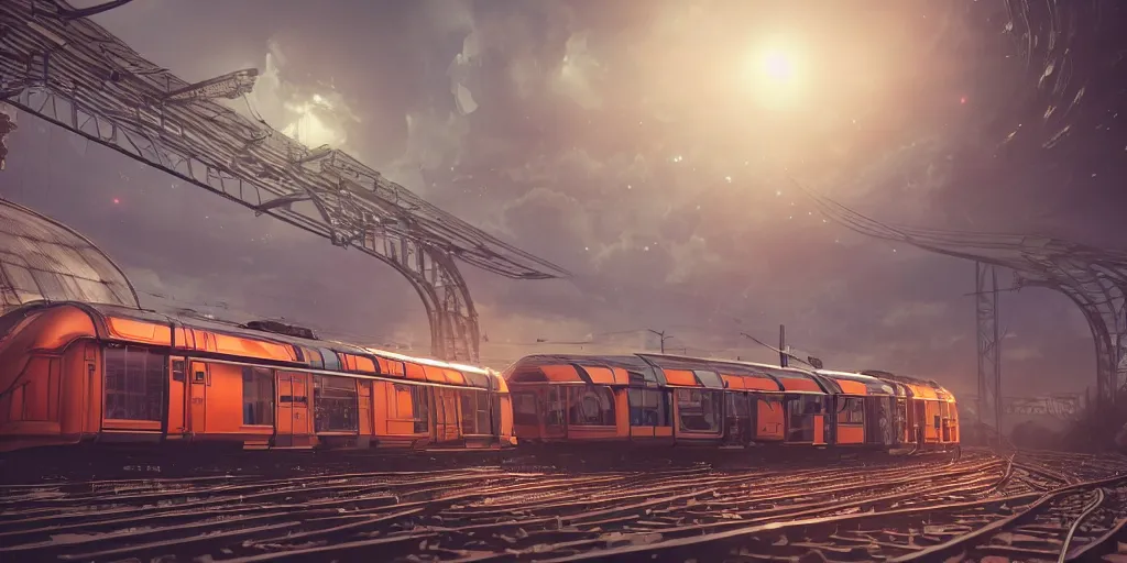 Image similar to futuristic steampunk train in railstation, stunning volumetric lighting, sundown, trending on Artstation, 8k, photorealistic, hyper detailed, unreal engine 5, cinematic, epic lighting, cryengine, octane render, cyberpunk, red and orange glow